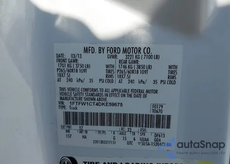 2013 Ford F-150 Lariat из США, поврежденный, VIN 1FTFW1CT4DKE59675